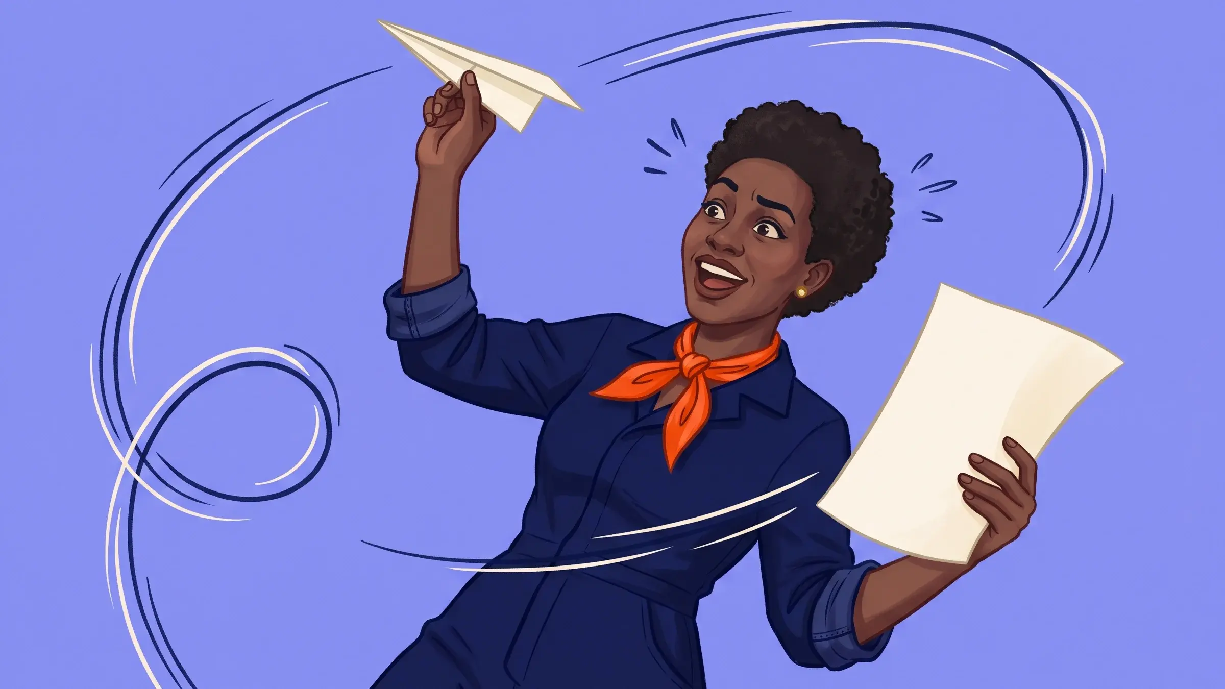 A woman catching a paper aeroplane that has flown back to her